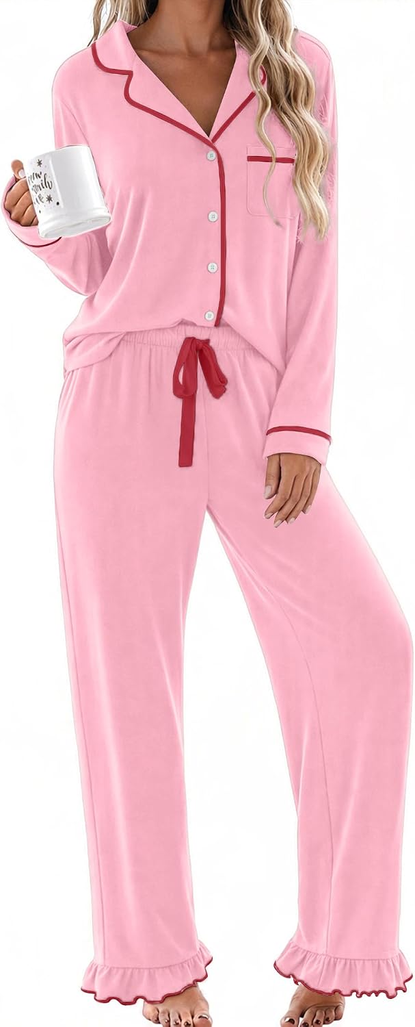 Detalle de Ekouaer Women's Pajama Set, Long-Sleeve Button-Down Top and Ruffle-Hem Pants