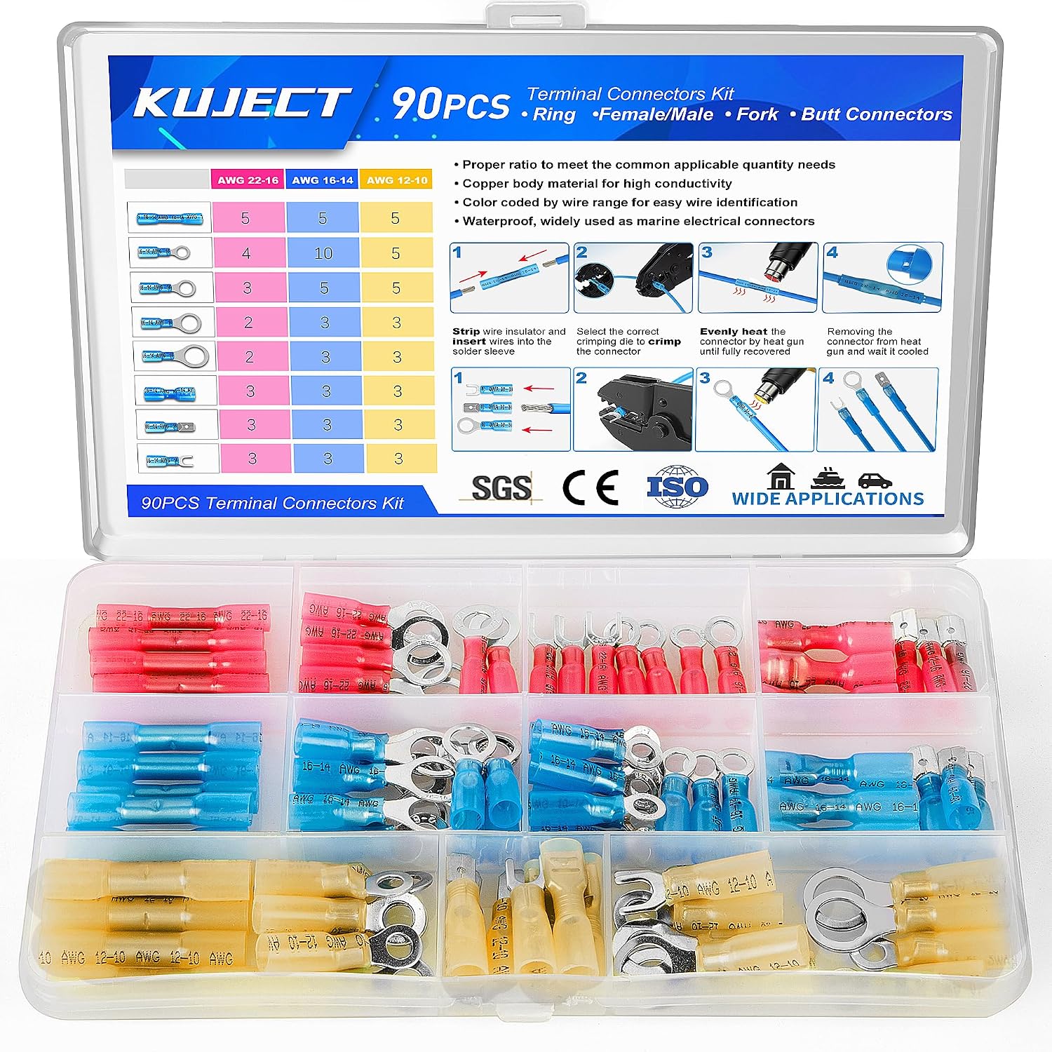 Detalle de Kuject HST90 Heat-Shrink Wire Connector Kit, 90 Pieces, Mixed Terminals