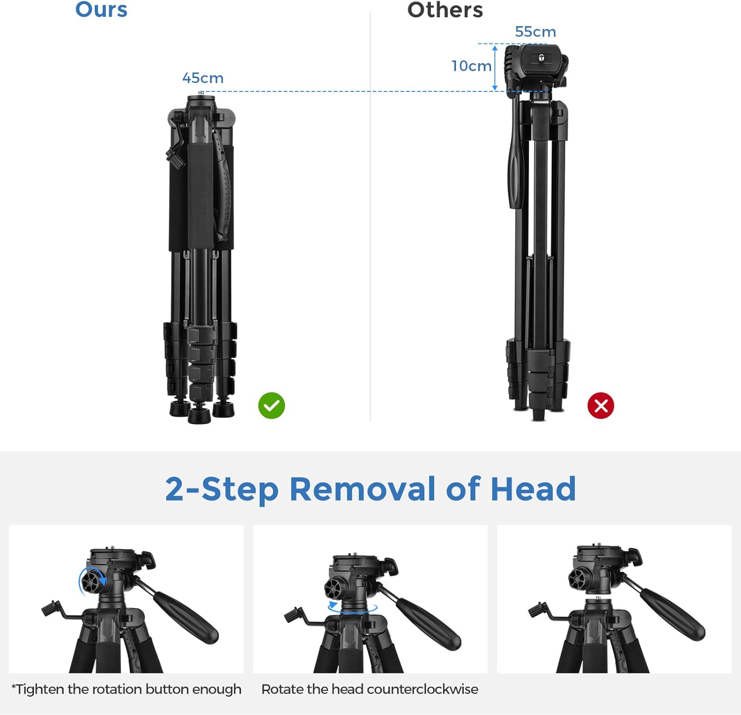 Thumbnail 6 de LINKCOOL 74 Inch Tall Aluminum Camera Tripod Stand with Detachable Head and Phone Mount – Titanium Grey