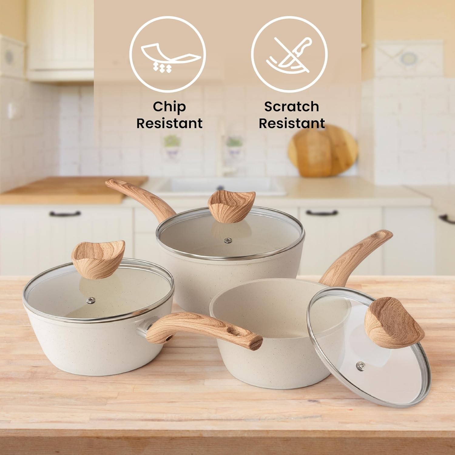 Thumbnail 6 de Nuovva Cream Granite 3-Piece Non-Stick Saucepan Set (16cm, 18cm, 20cm) with Lid – Induction compatible