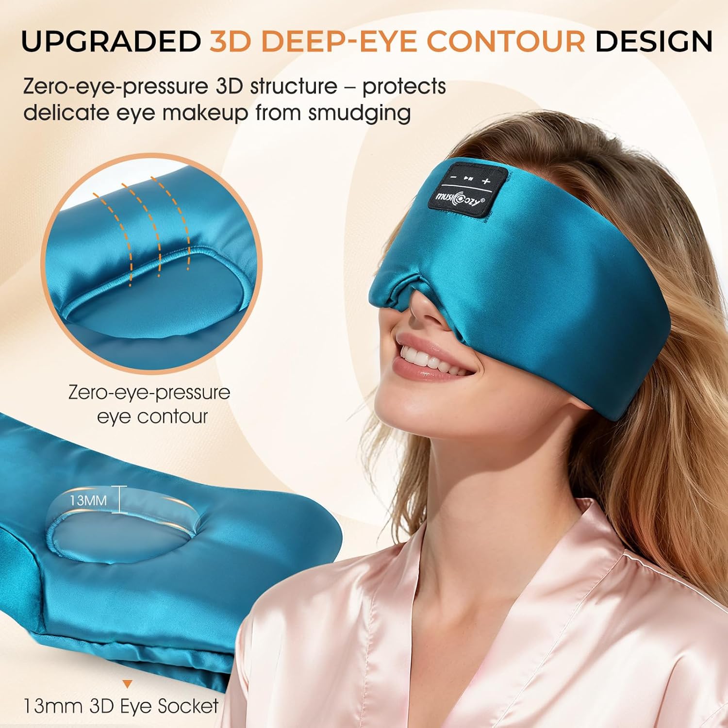 Detalle 2 de MUSICOZY Silk Sleep Mask Headphones with 100% Mulberry Silk, Bluetooth 5.4 and 14h Playtime
