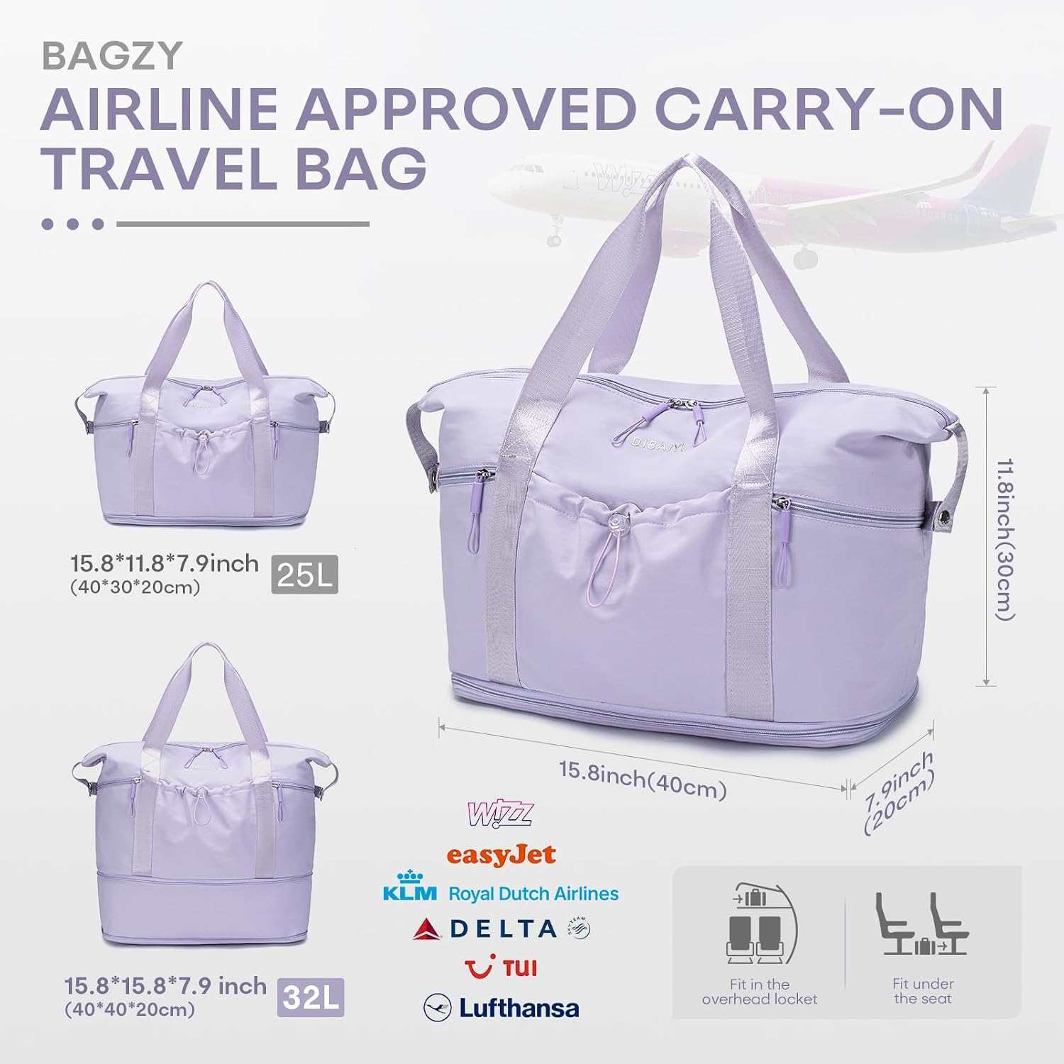 Thumbnail 2 de BAGZY Under-Seat Travel Duffel: 40x30x20 cm, 25L expandable to 32L for UK travellers