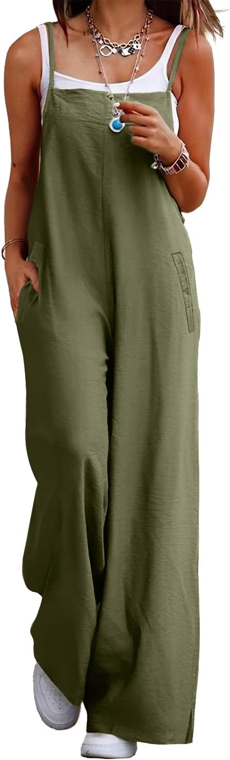 Detalle 2 de YESNO women’s cotton summer dungarees with adjustable spaghetti straps and pockets (wide-leg overalls)