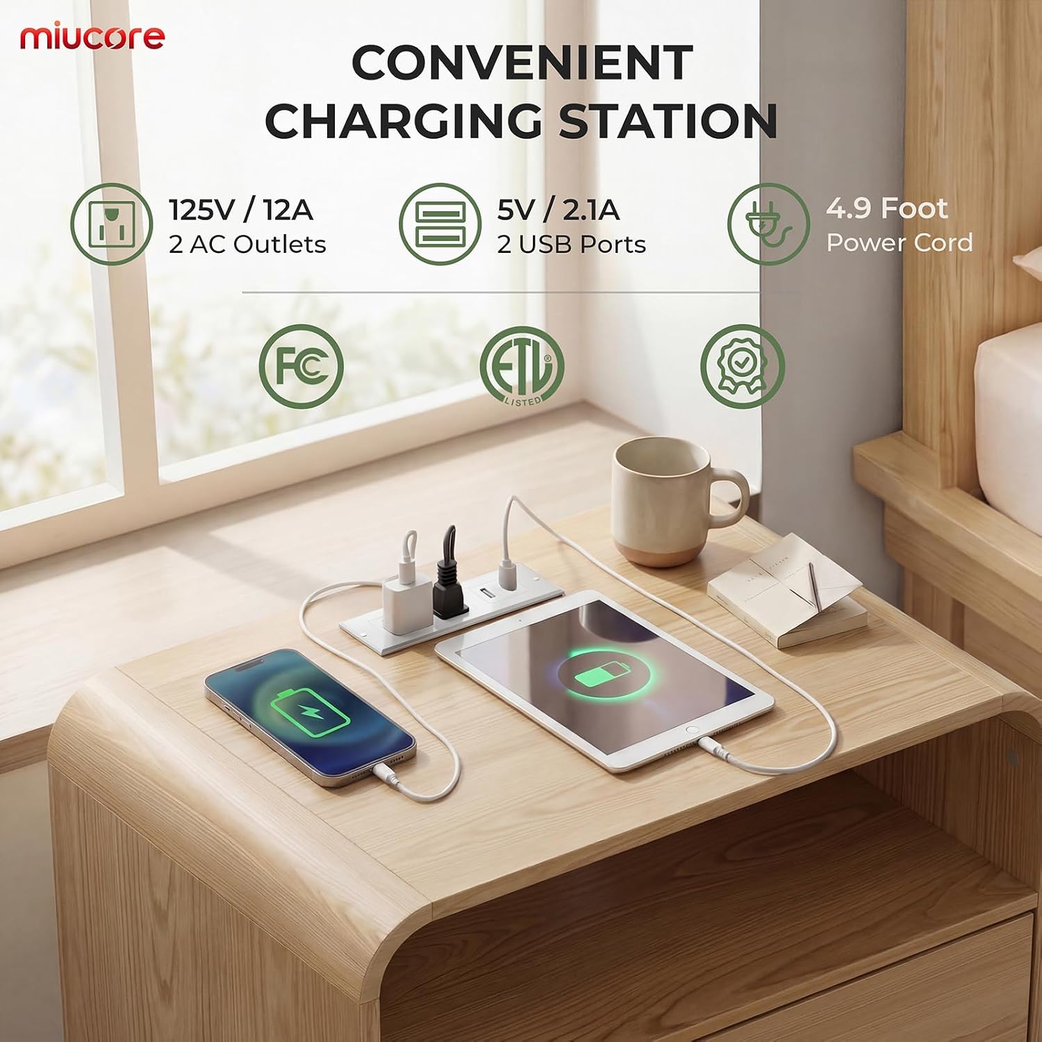 Detalle 2 de Miucore FN-NS002 Natural Oak Nightstand with Charging Station and 2 Drawers