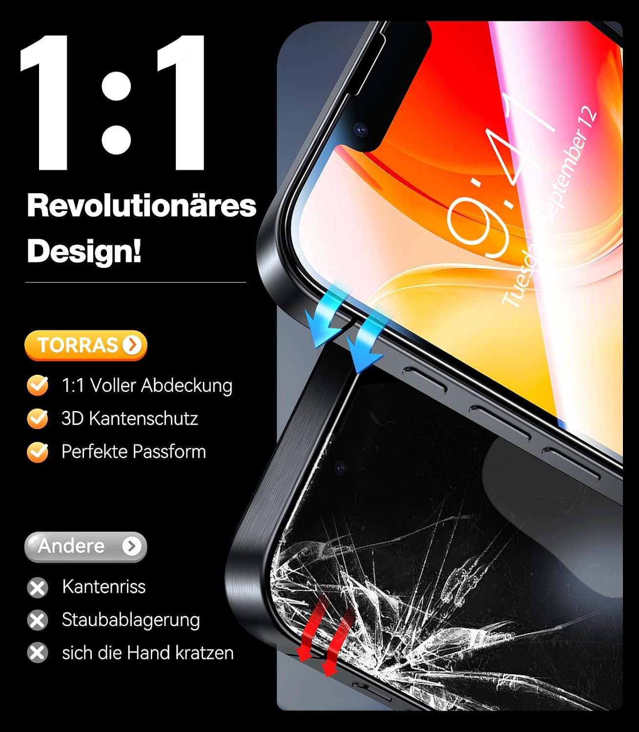 Thumbnail 4 de TORRAS iPhone 16e Panzerglas 9H Schutzfolie – 2er-Pack
