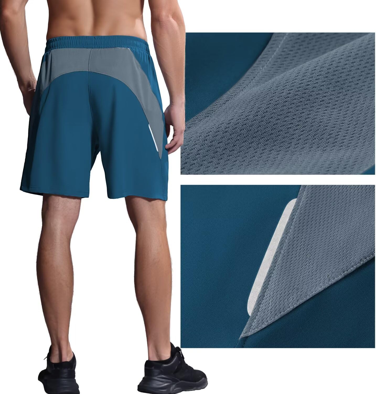 Detalle 2 de HMIYA Herren-Sport-Shorts – schnelltrocknend, mit Reißverschlusstaschen