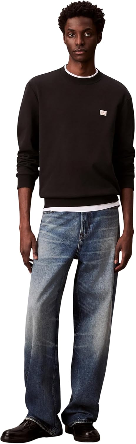 Detalle de Calvin Klein Men’s Round Neck Terry Badge Sweatshirt, Black, XL