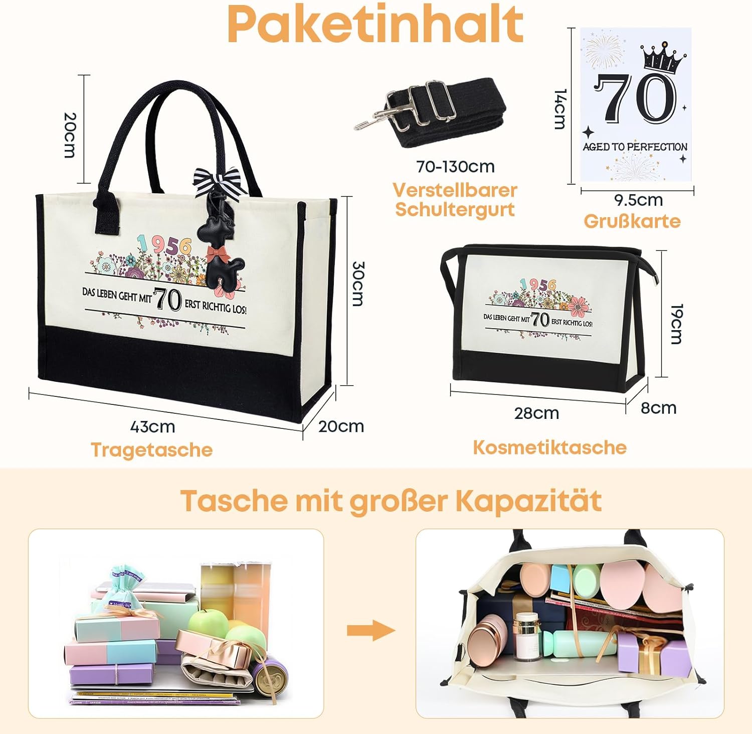 Detalle de Seutgjie Canvas Einkaufstasche Set zum 70. Geburtstag für Frau – Vintage Design mit Glückwunschkarte