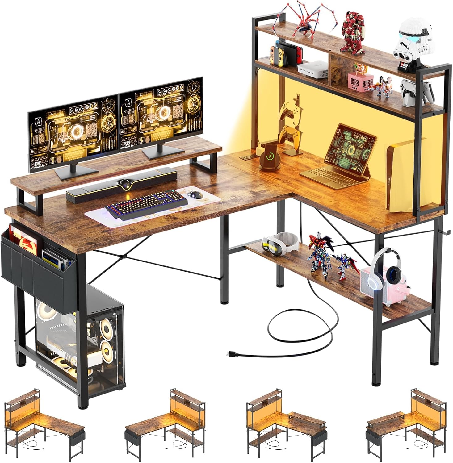 Detalle de iSunirm L-Shaped Gaming Desk with Power Outlets & LED Lights – Brown