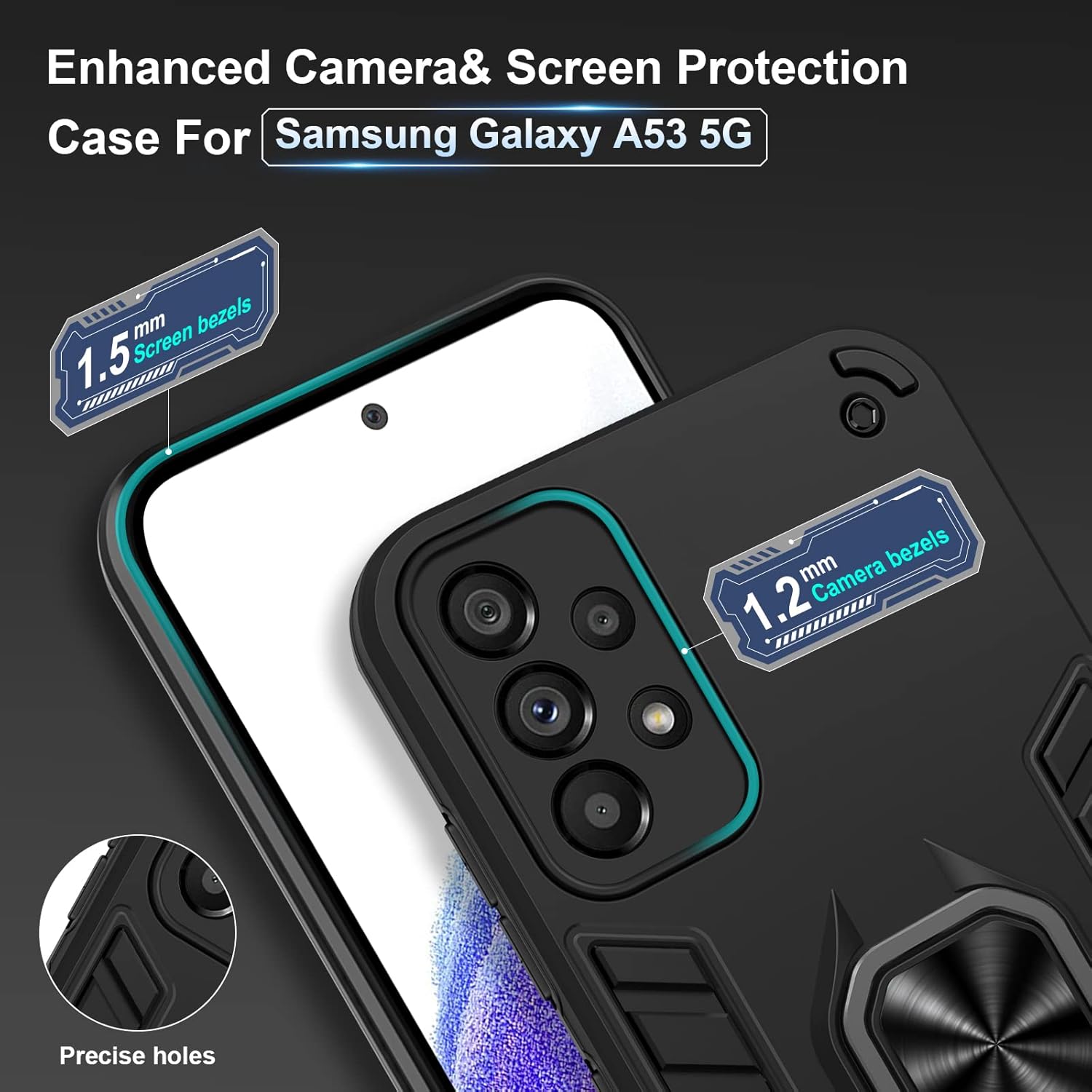 Thumbnail 3 de Btstring Case for Samsung Galaxy A53 5G with Tempered Glass Screen Protector, Shockproof Heavy Duty Cover & Car Mount Stand (Black)
