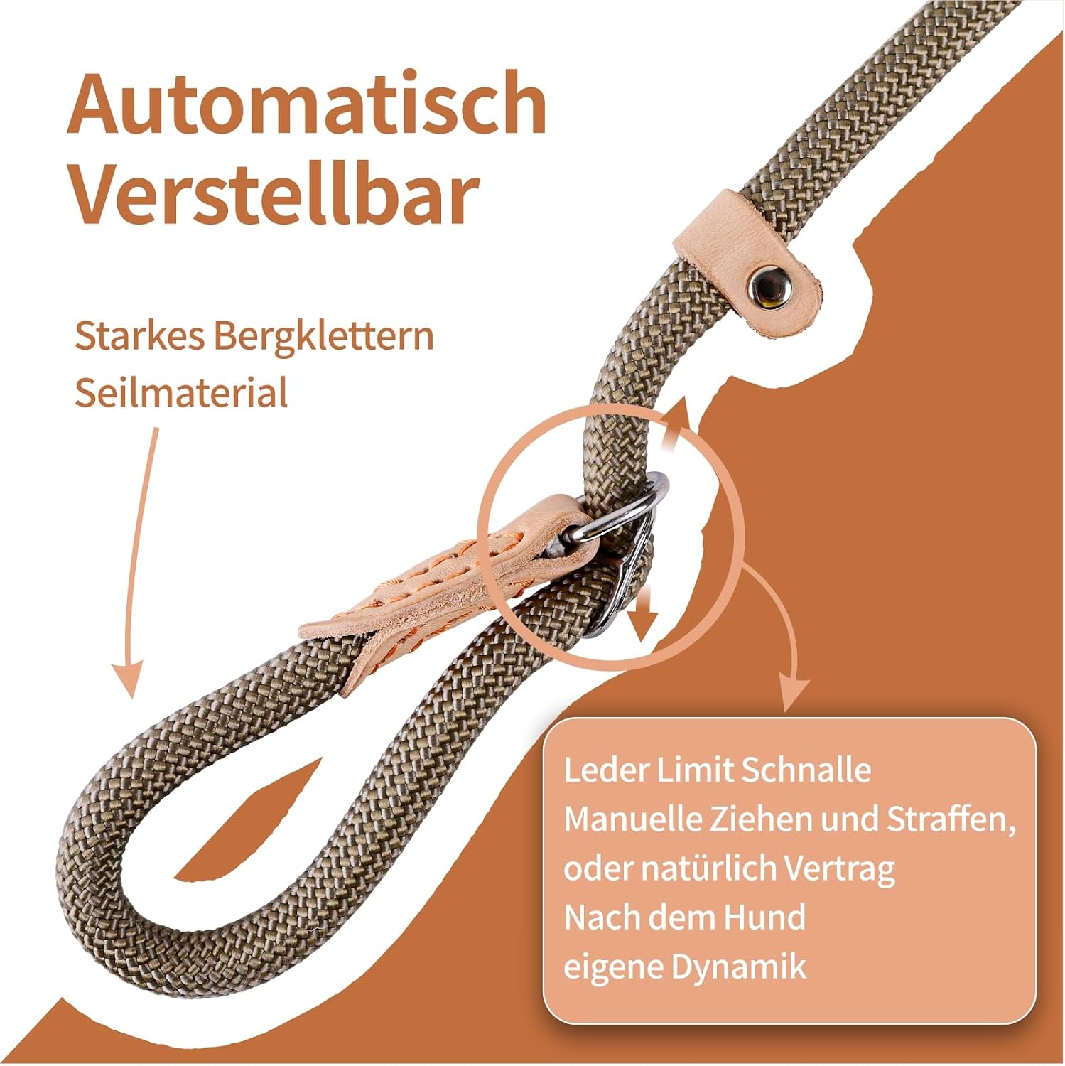 Detalle de Retrieverleine mit Zugstopp, 180 cm – integriertes Halsband, wetterfest, verstellbar