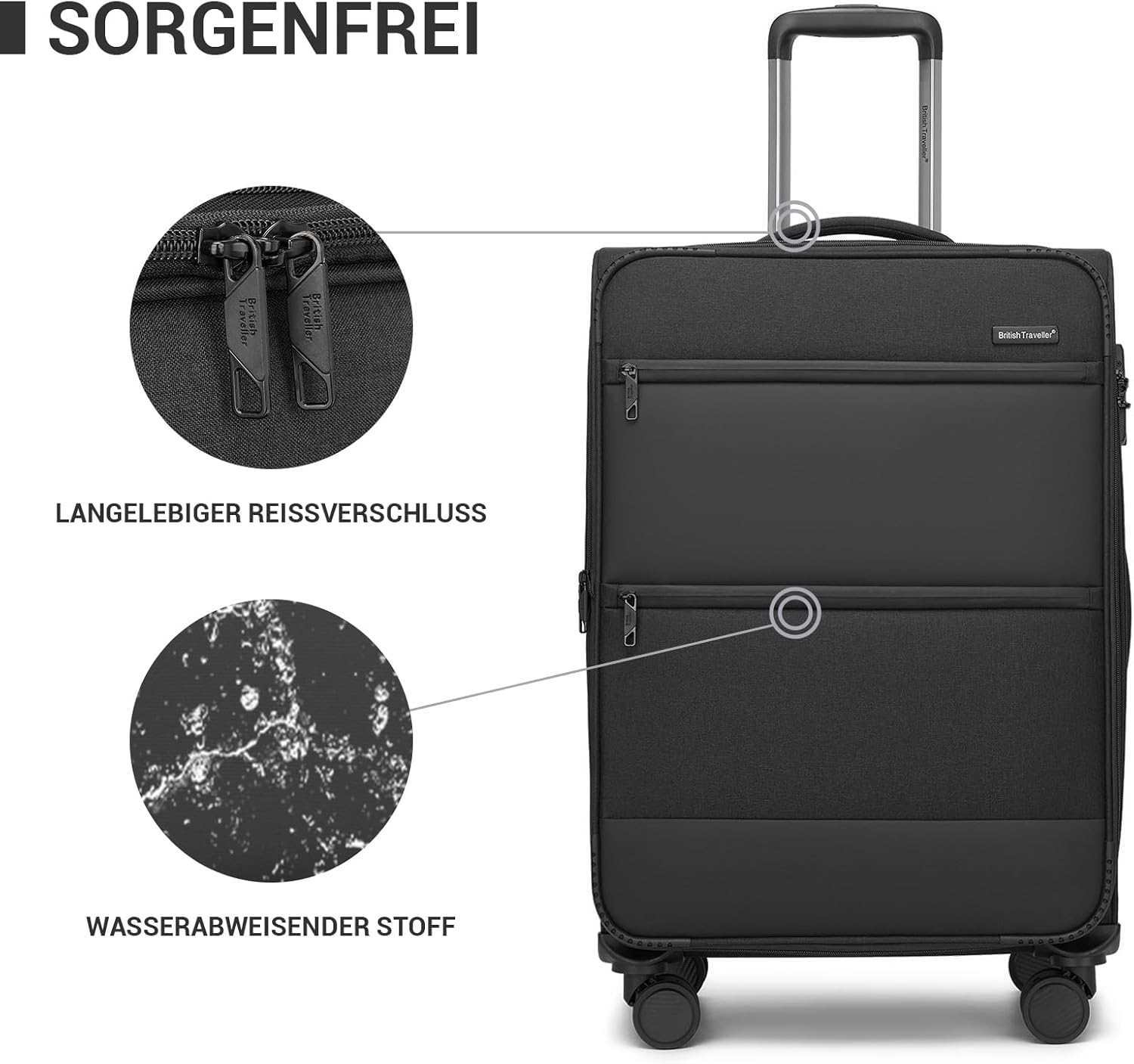 Detalle 2 de British Traveller Erweiterbarer Mittelgroß Koffer 68L – 4-Rollen, TSA, 68,5x44x28,5 cm