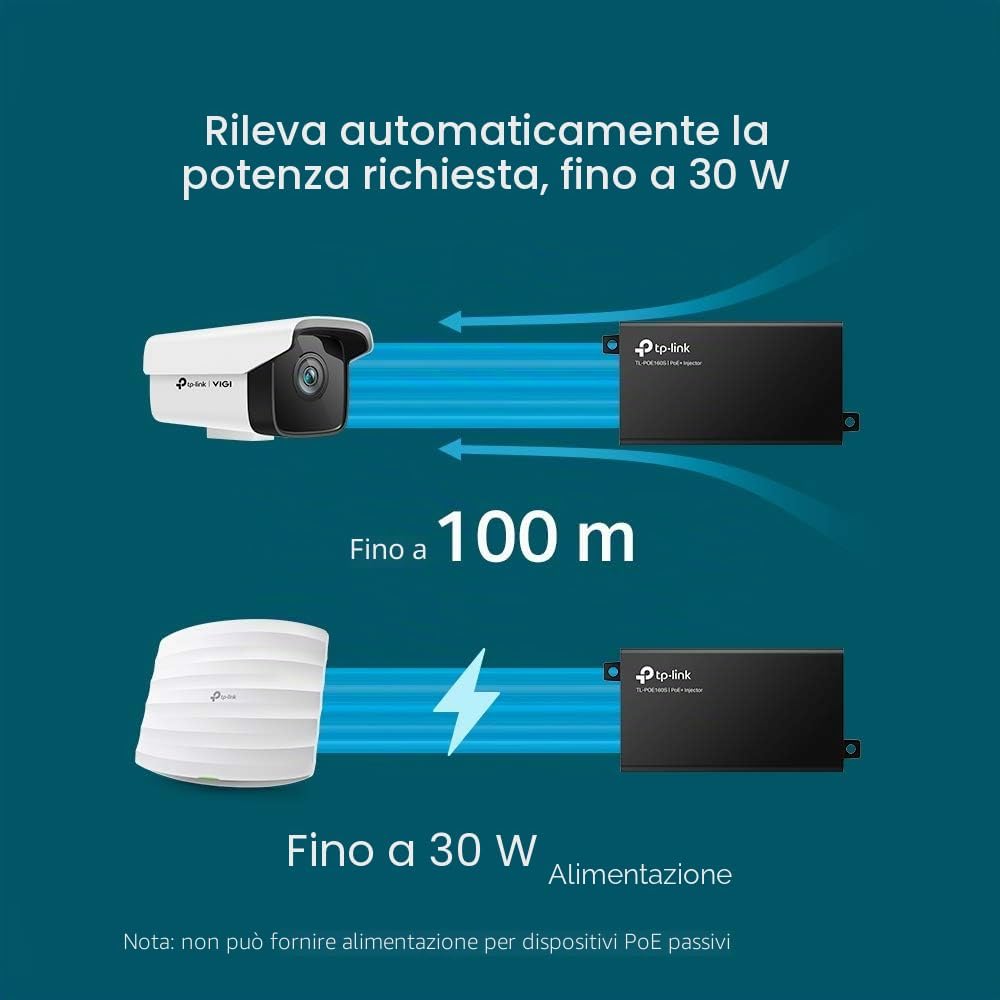 Detalle de TP-Link TL-POE160S: PoE+ Injector 30W, 2 porte Gigabit RJ45, alimentazione e dati su un solo cavo
