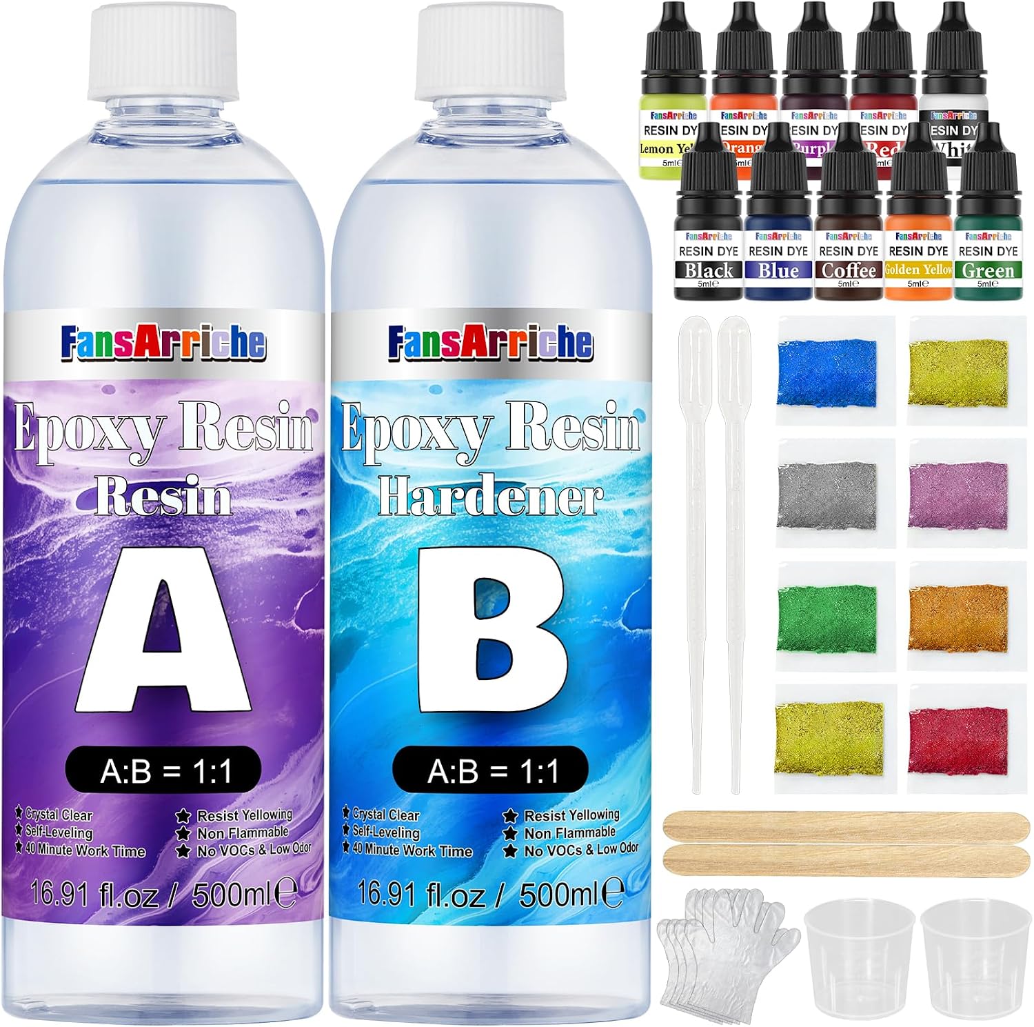 Detalle de FansArriche Epoxidharz-Set 1000 ml (klar, zum Gießen) mit Härter, Farbpäckchen & Zubehör