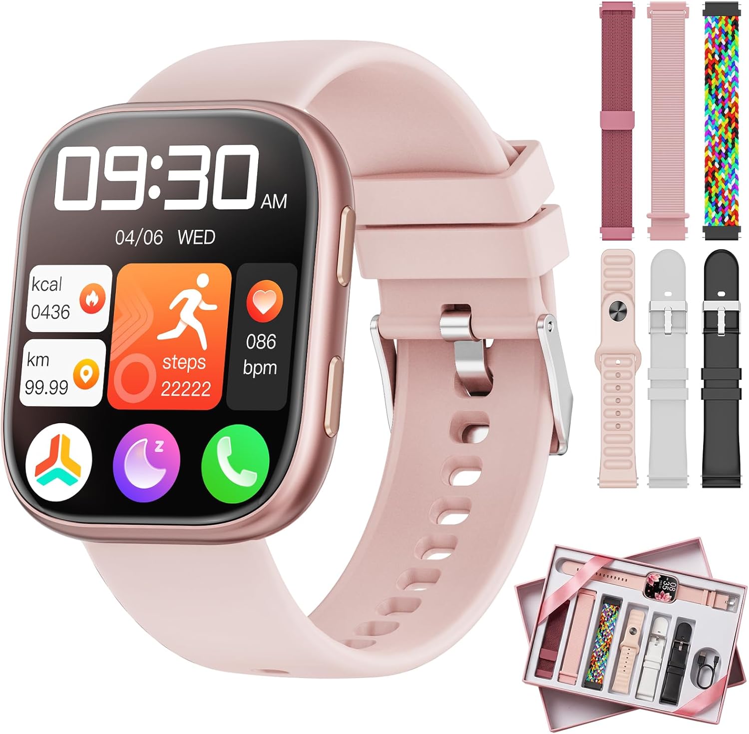Montre connectée homme/femme 1,83" HD avec appel Bluetooth, 7 bracelets et coffret cadeau
