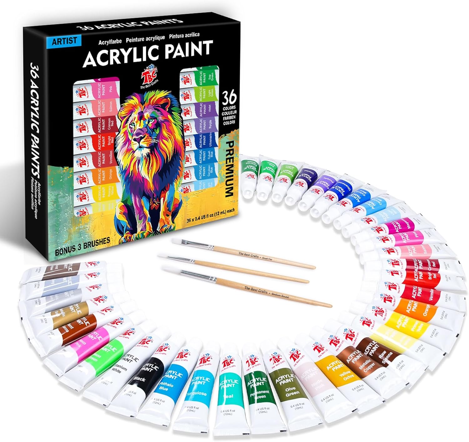 Thumbnail 6 de 24 couleurs – Peinture acrylique en 24 tubes de 12 ml avec 3 pinceaux, idéal pour artistes et enfants