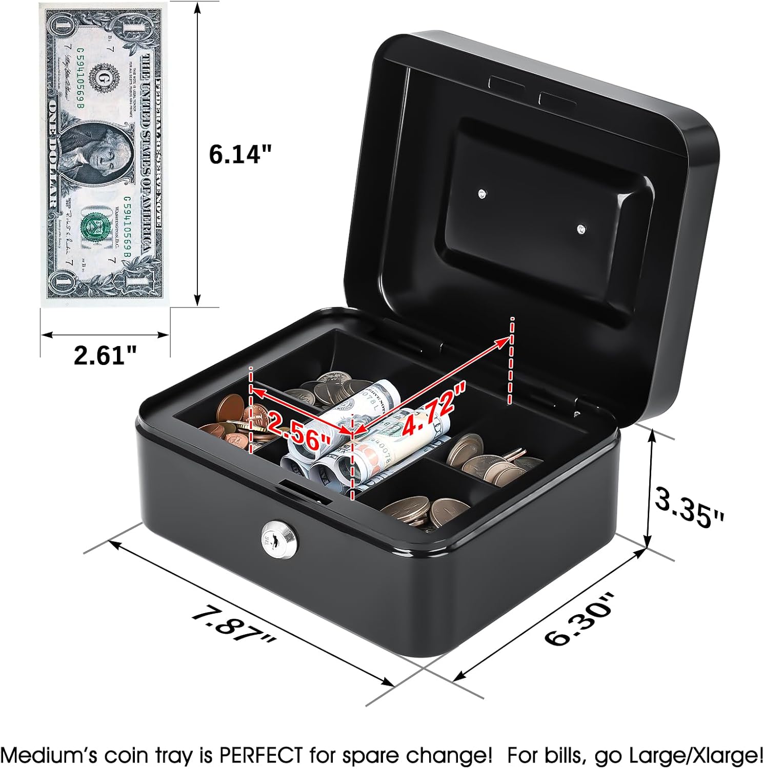 Detalle de KYODOLED GT-CBK-M-BLACK Small Metal Lock Box with Key, Removable Tray
