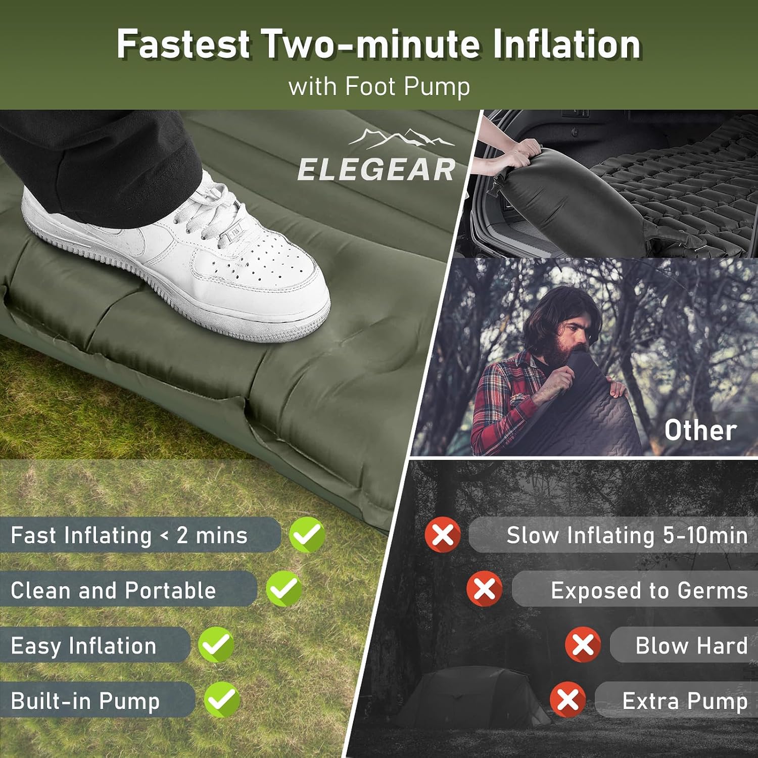 Detalle de Elegear CumbreX Single Camping Mat 14cm: Ultralight, Built-In Pillow and Foot Pump