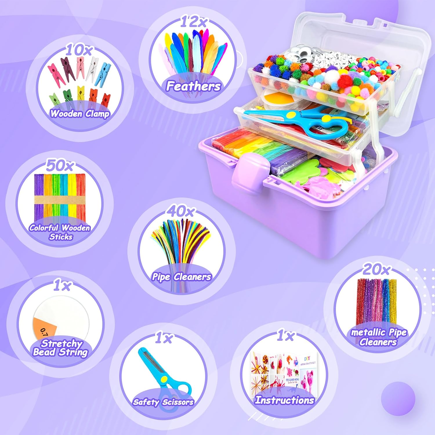 Detalle de 3000‑teiliges Bastelset Kinder Bastelkoffer – inkl. Pfeifenreiniger, Papier, Perlen und mehr, Lila