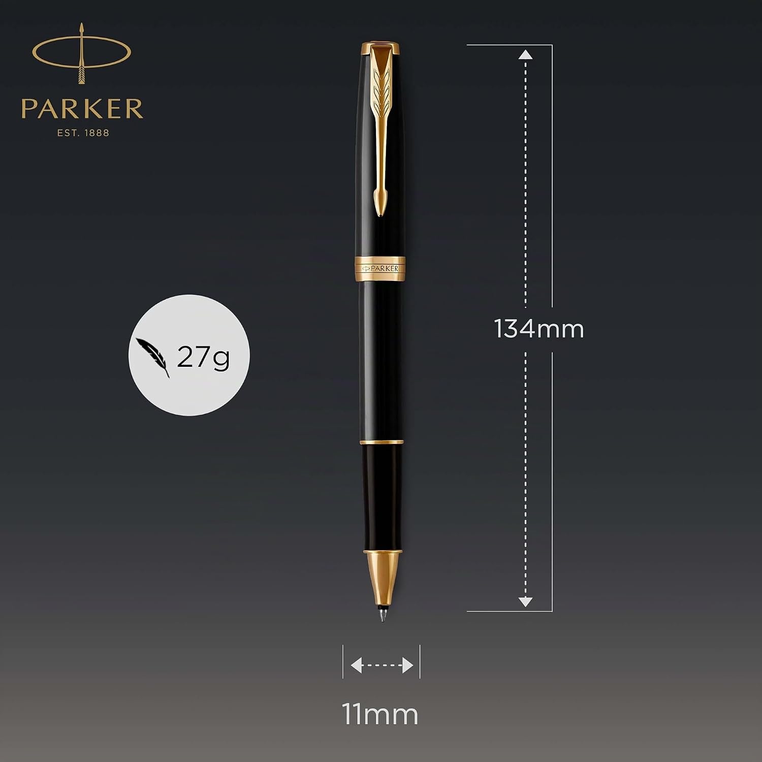 Detalle de Parker Sonnet roller inchiostro con punta sottile, finitura oro su laccatura nera (con confezione regalo)