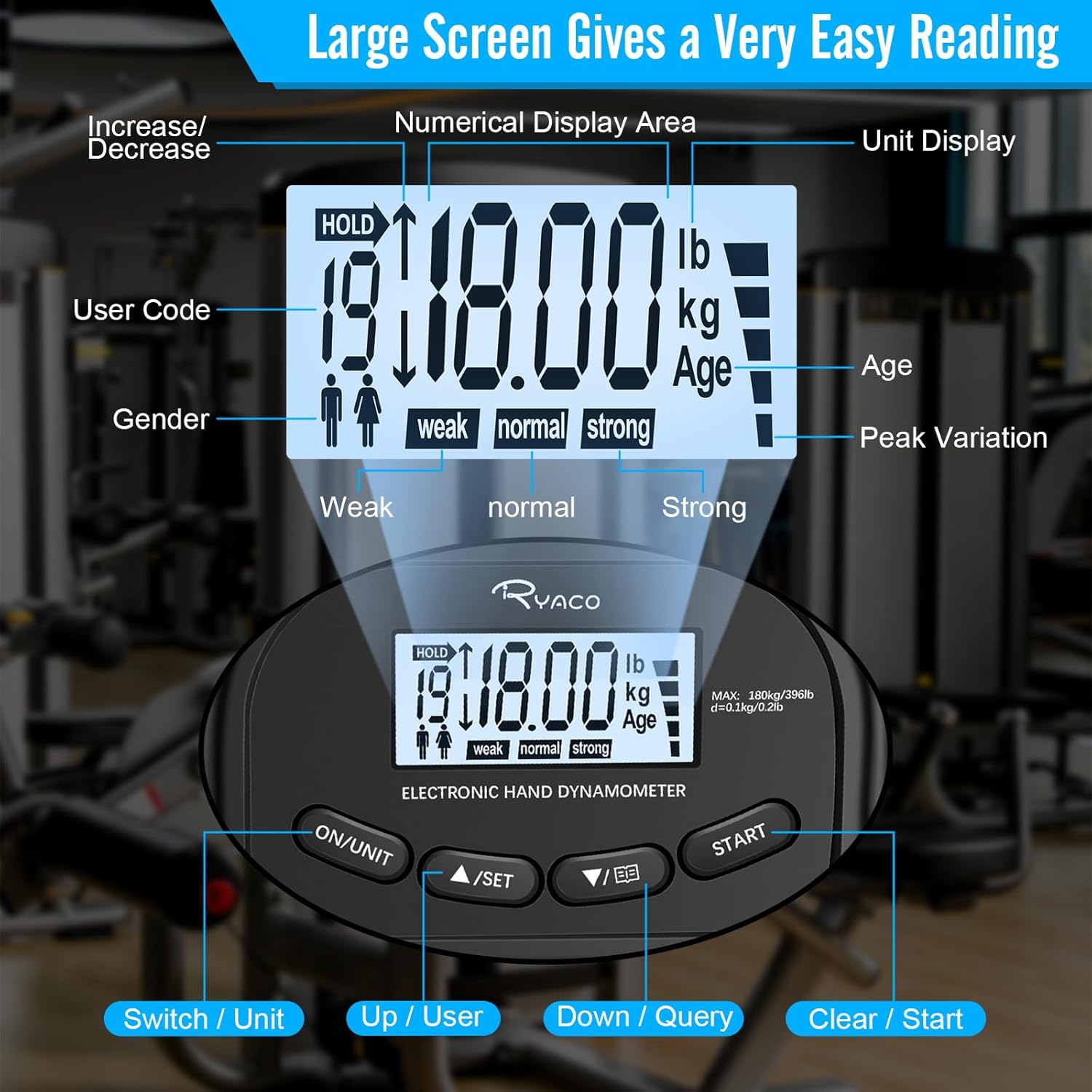 Thumbnail 1 de Ryaco Grip Strength Tester (396lb/180kg) rechargeable digital hand dynamometer with LCD