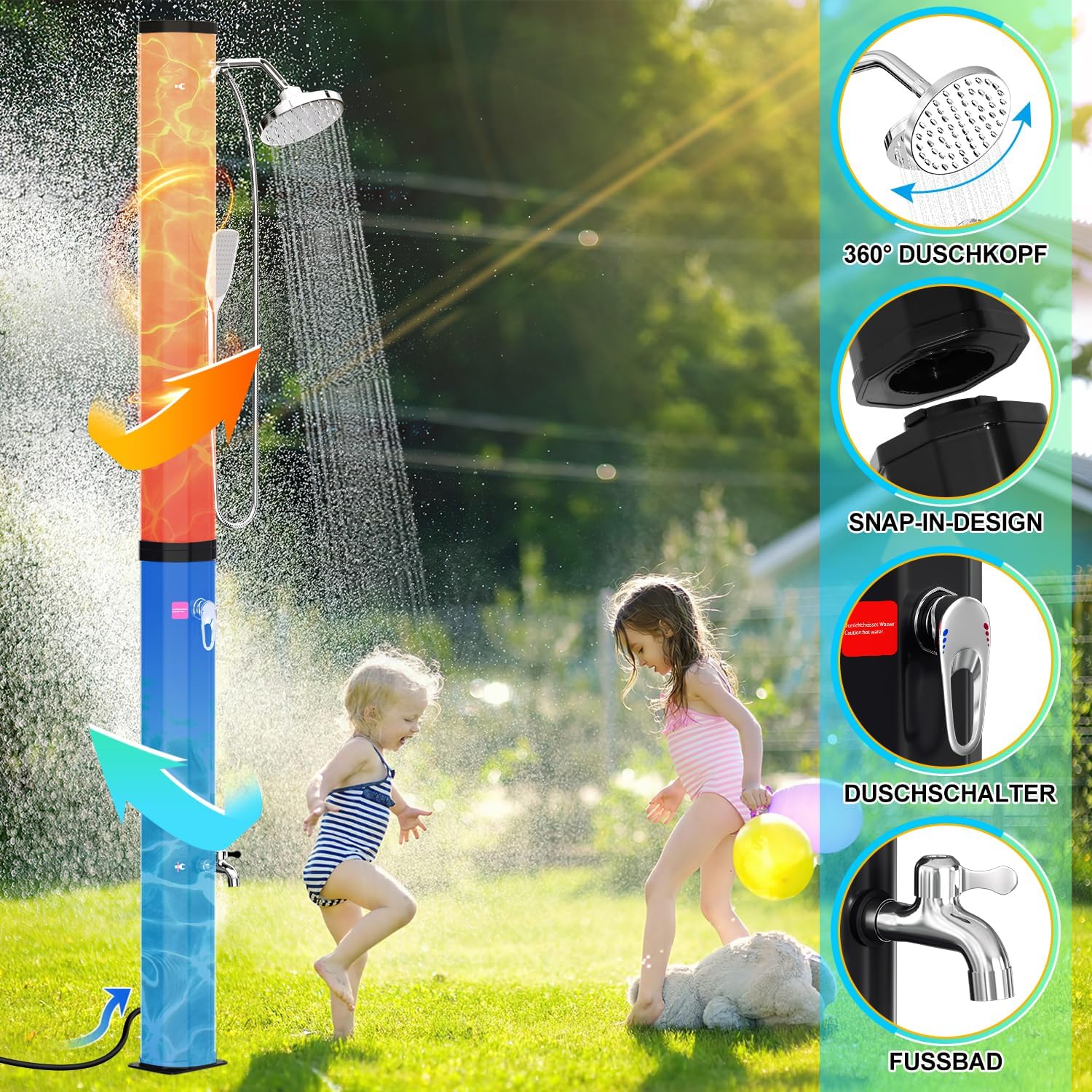 Thumbnail 4 de Randaco Solardusche Solar Gartendusche 35L – Warmes Wasser bis 60°C, ohne Strom, 360° Regenduschkopf, Fußhahn, Schutzhülle Schwarz