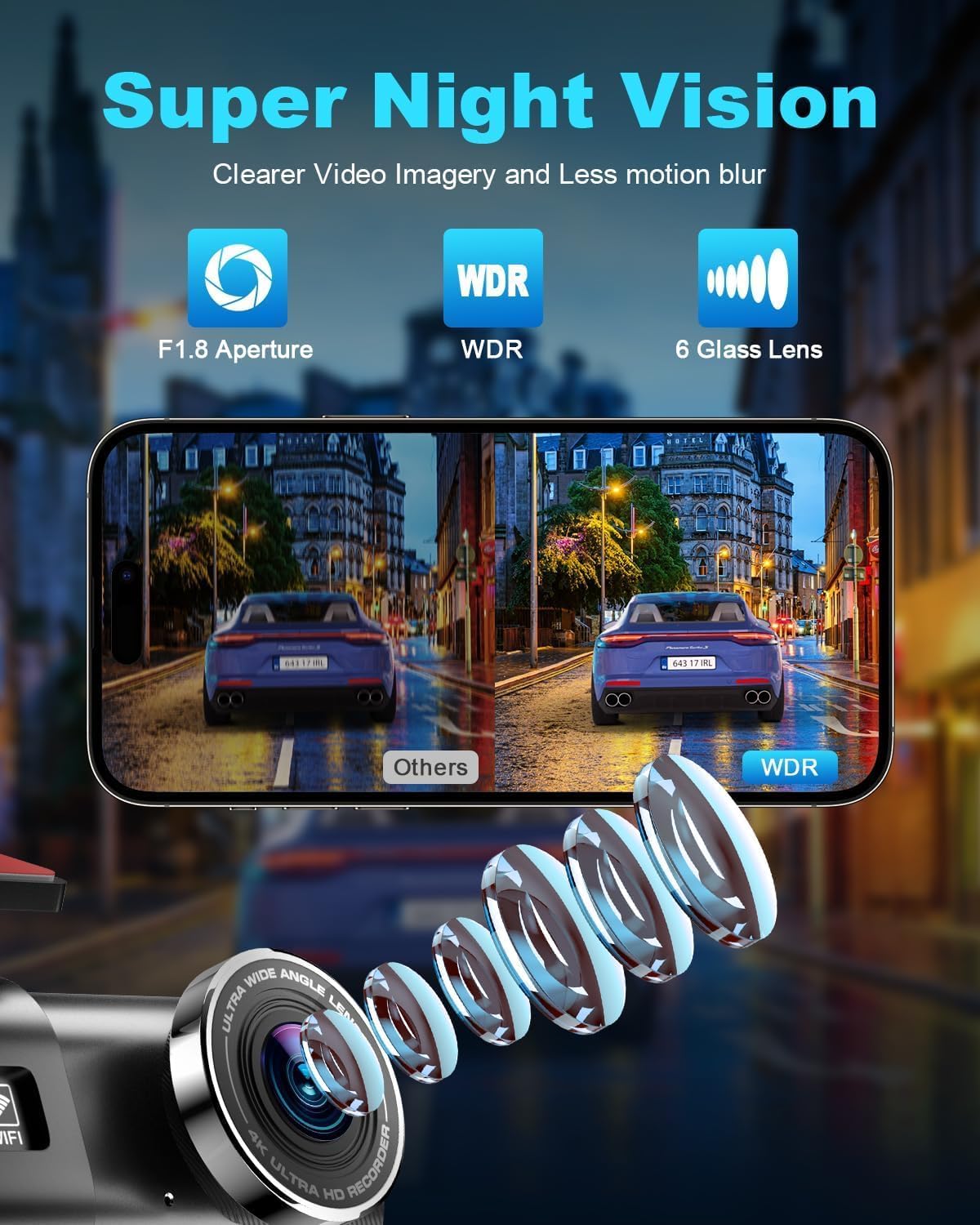 Thumbnail 3 de 4K Dash Cam Front and Rear with 64GB SD Card – Dual Channel, WiFi App Control, Night Vision & Parking Mode