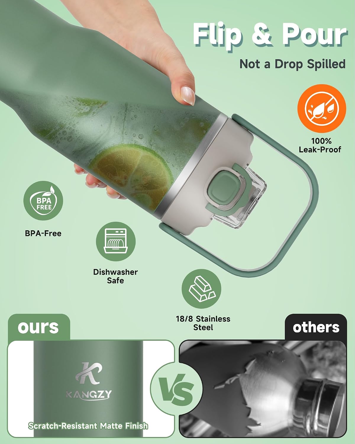 Thumbnail 2 de KANGZY 1L/32oz Metal Water Bottle with Straw & Spout Lid – Vacuum Insulated Stainless Steel, BPA-Free & Leak-Proof
