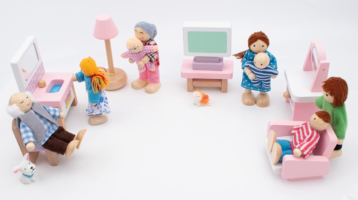 Thumbnail 6 de Wooden Dollhouse People Family Set with Cat and Dog – posable family figures for pretend dollhouse scenes