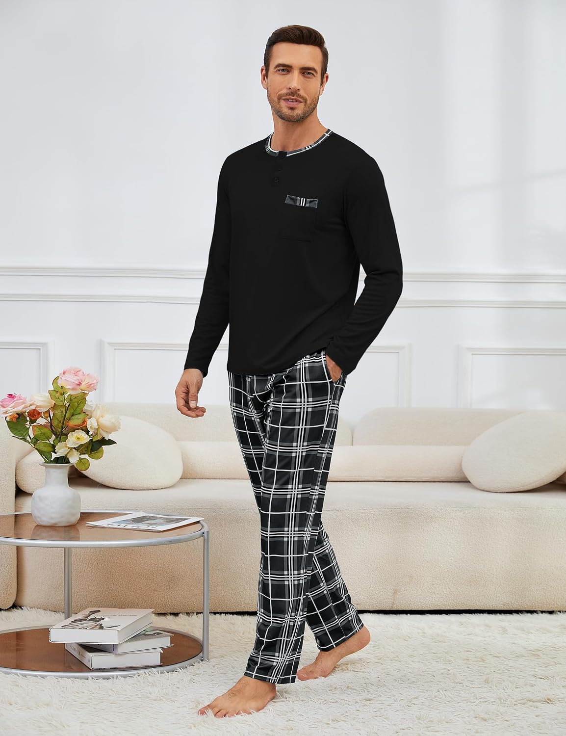 Detalle de Atforna Schlafanzug Herren Lang Karierten Pyjama Set – Zweiteiliges Baumwoll-Set für Herbst und Winter