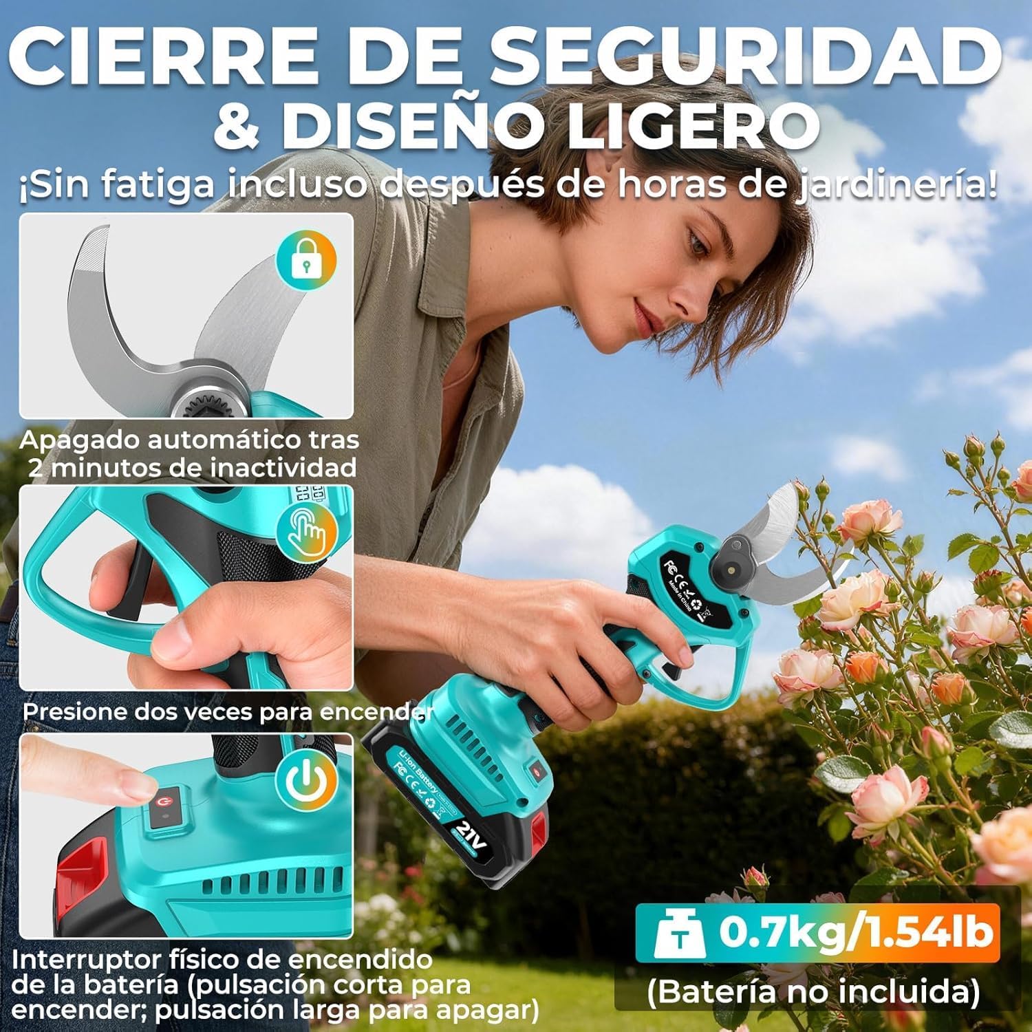 Detalle 2 de Tijeras de Podar Eléctricas 21V de Sukaudiz: potencia sin escobillas, 2 baterías y 33 mm de corte
