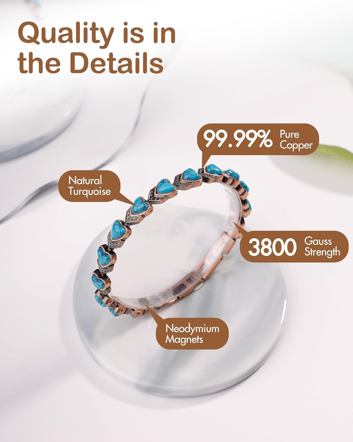 Detalle de Feraco Pure Copper Bracelet for Women with Ultra-Strength Magnets and Turquoise Stones
