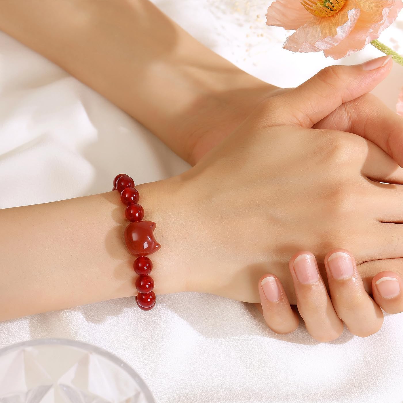 Detalle de XIANNVXI Katzen Armband Damen – Kristallkarneol 8 mm, elastisch, Glücksvögeleinspiriertes Katzenmuster