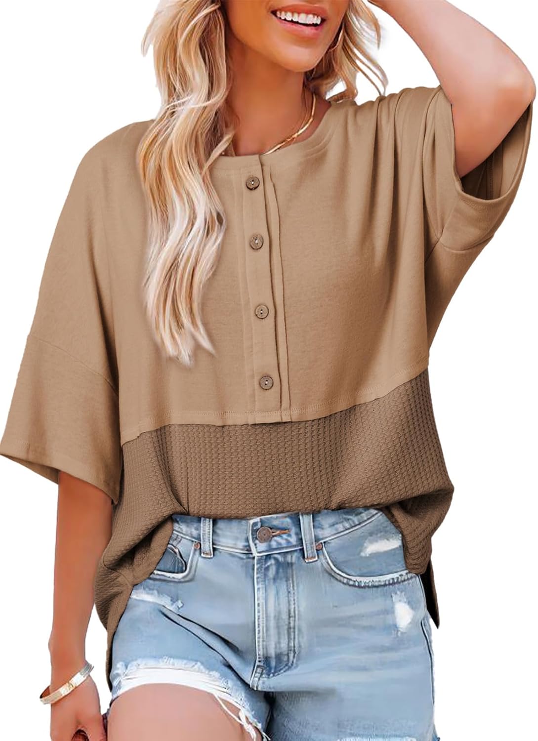 Detalle 2 de Dokotoo Damen-Waffelstrick Bluse mit Patchwork, Oversize Tunikashirt und 3/4-Ärmeln