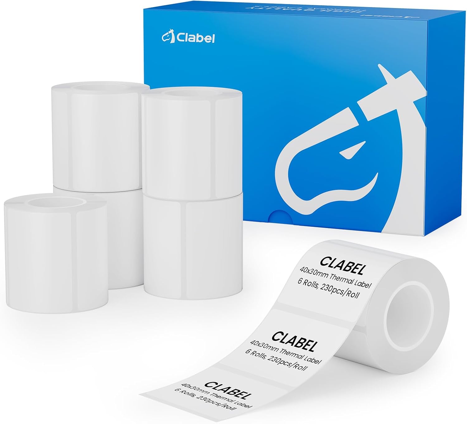 CLABEL 6 rotoli etichette termiche bianco 40 x 30 mm (230 pezzi/rotolo) per stampante di etichette