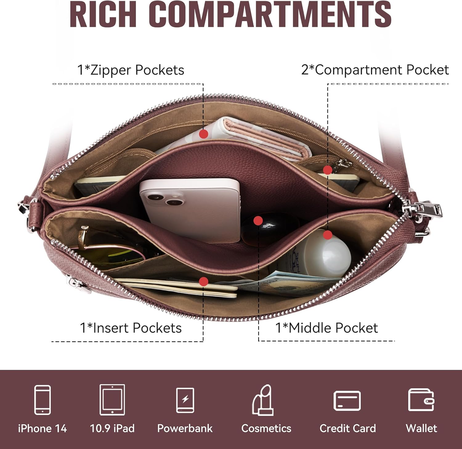 Thumbnail 3 de KALIDI Crossbody Shoulder Bag for Women — Vegan Leather with Adjustable Strap