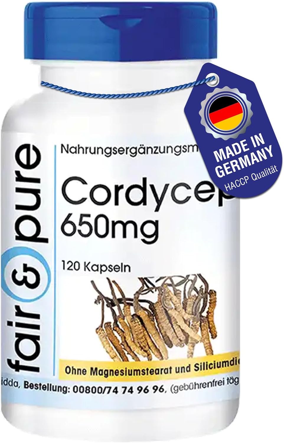 Detalle de Fair & Pure Cordyceps 650mg, 120 Kapseln – veganes Nahrungsergänzungsmittel ohne Zusätze, hergestellt in Deutschland
