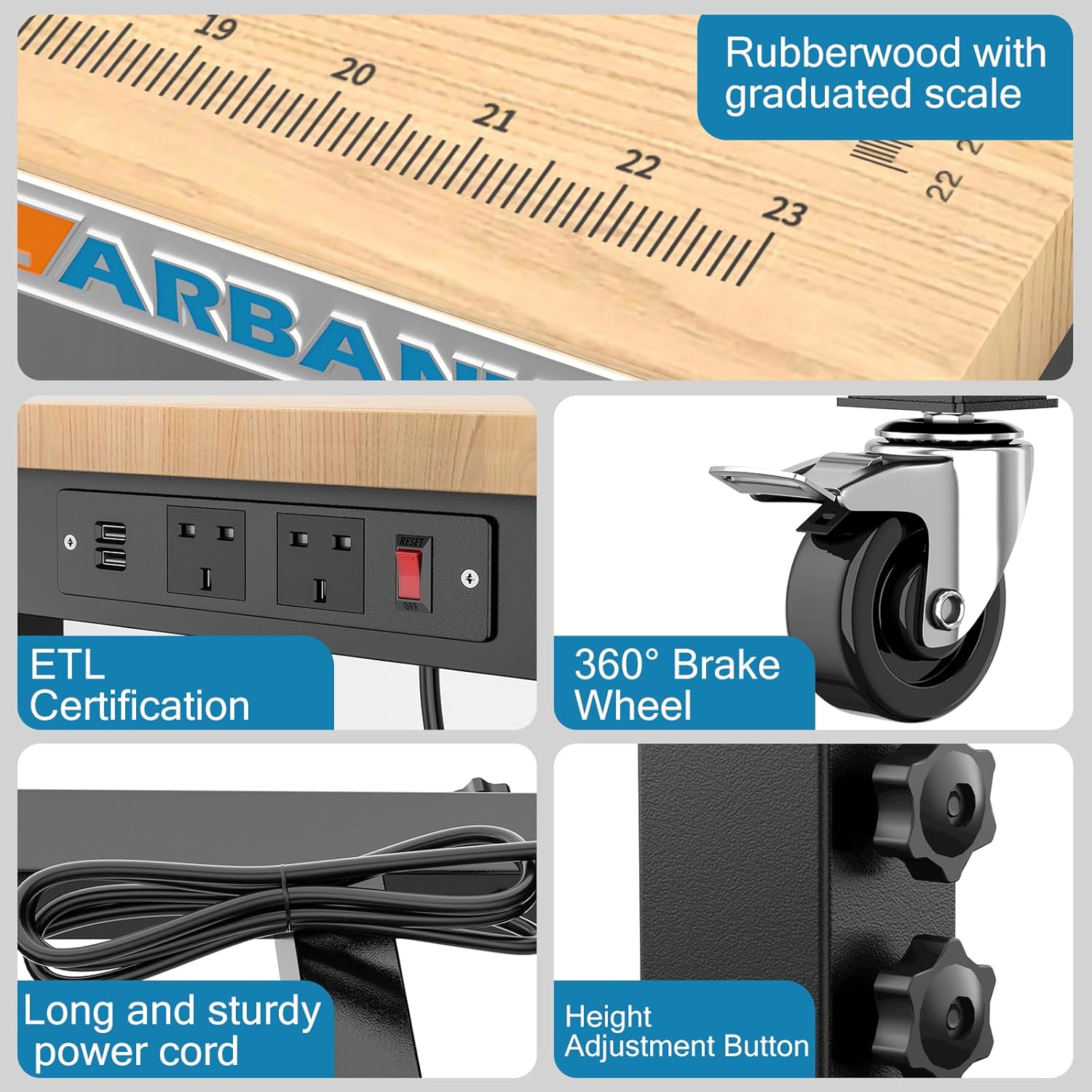 Detalle de LARBANKE 120 cm heavy-duty workbench with adjustable height, rubber wood top and power strip