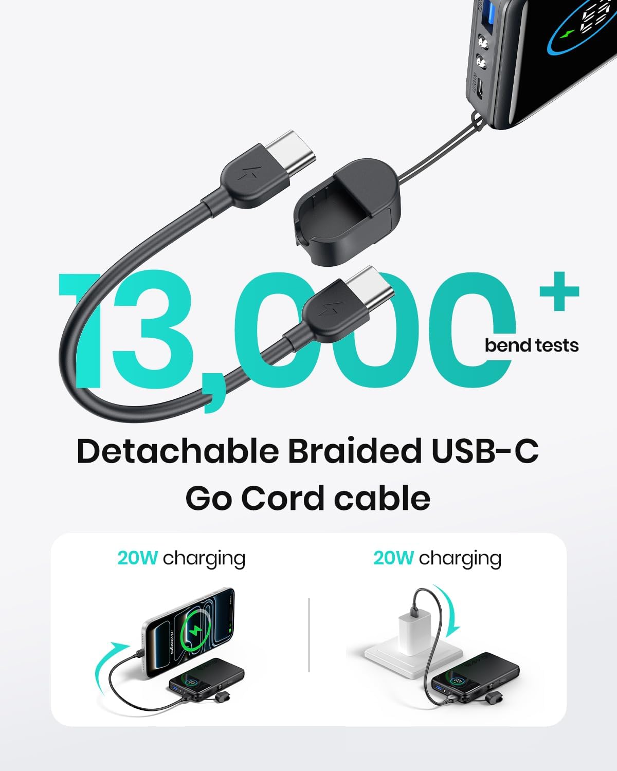Thumbnail 4 de A ADDTOP UltraSlim 10000mAh Power Bank with built-in USB-C cables (22.5W fast charging)