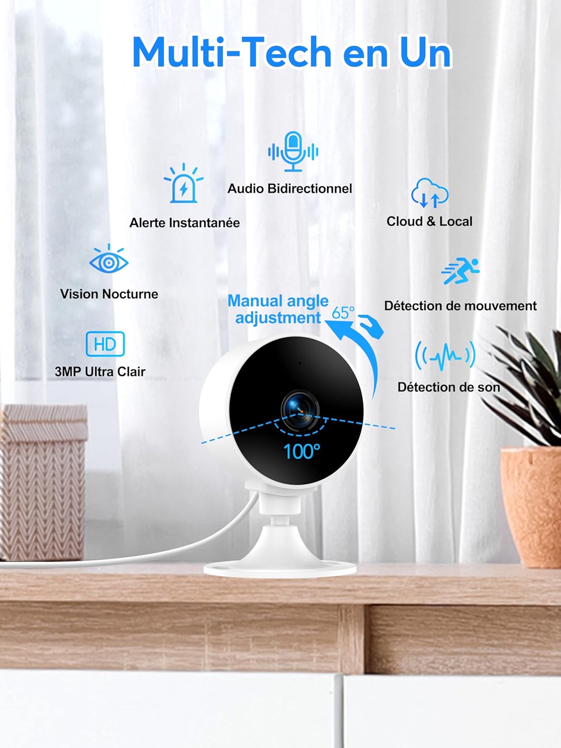 Thumbnail 1 de Elelink Caméra Surveillance WiFi Intérieure 2K 3 MP (audio bidirectionnel, vision nocturne) — compatible Alexa & Google Assistant