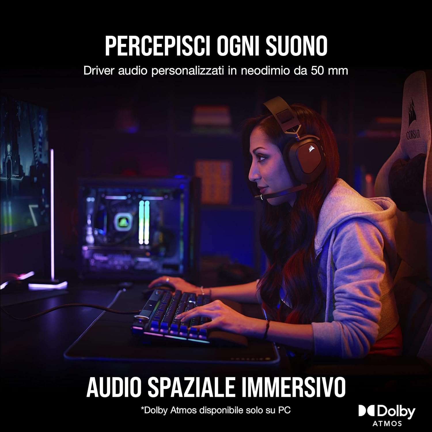 Thumbnail 3 de CORSAIR HS80 RGB WIRELESS cuffie da gioco multipiattaforma con Dolby Atmos e microfono omnidirezionale