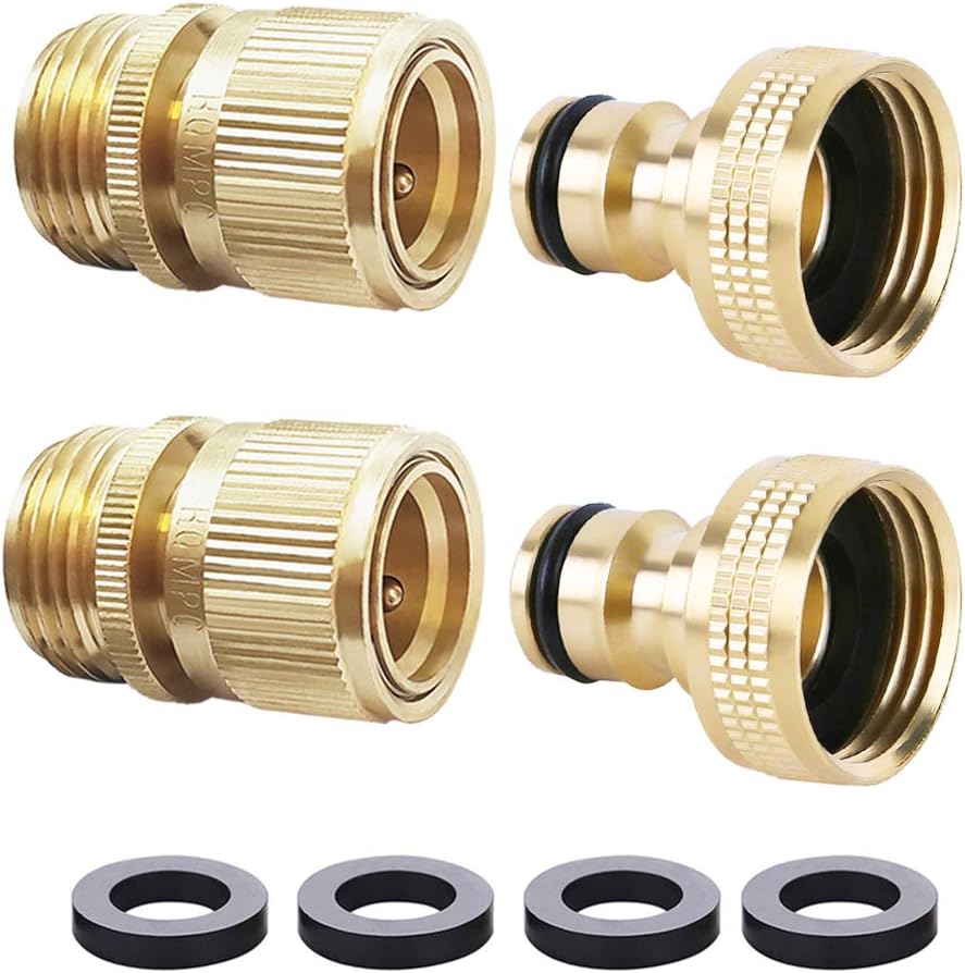 HQMPC Garden Hose Quick Connect System — Solid Brass 3/4 inch GHT (2 Sets)