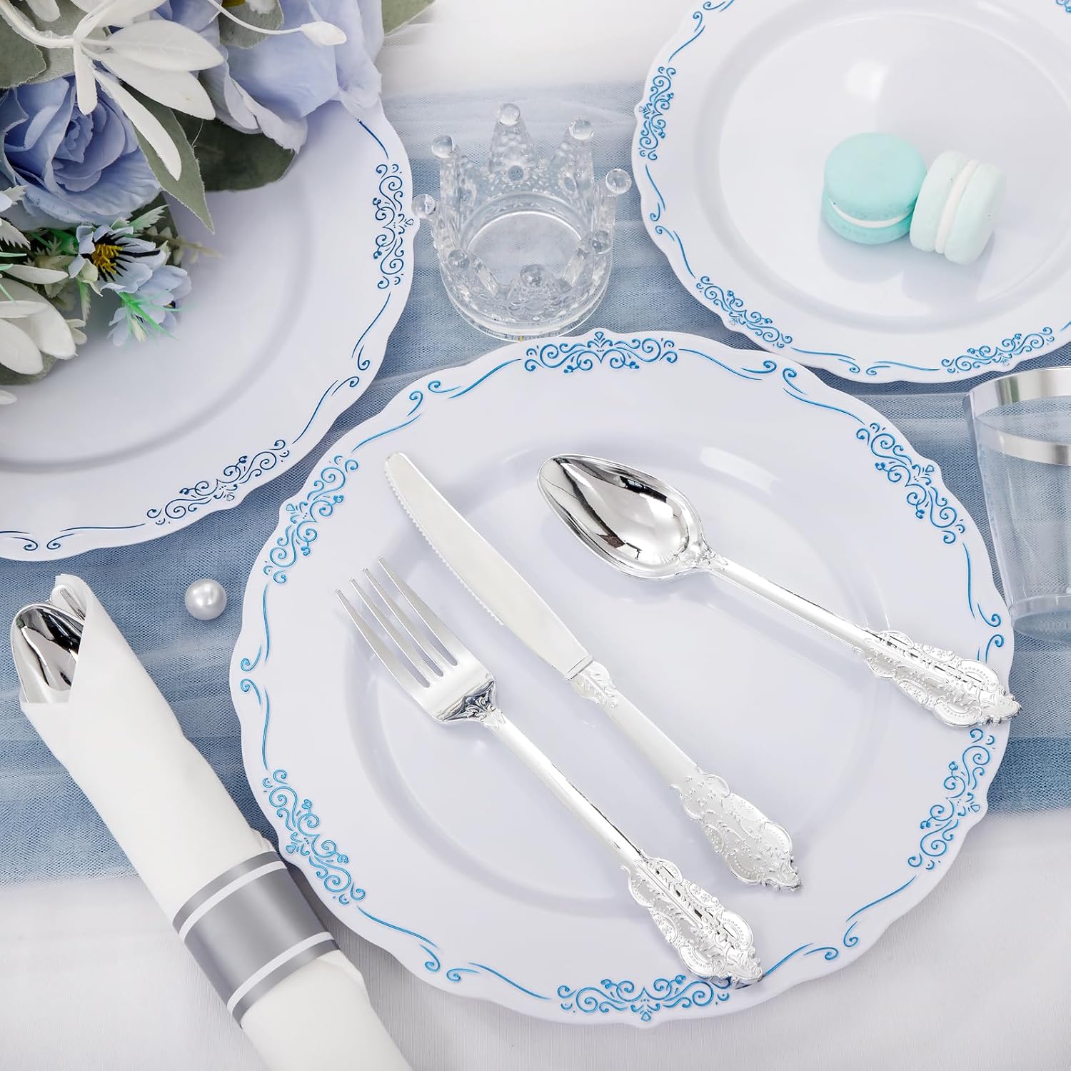 Thumbnail 3 de DaYammi 350Pcs Blue and White Disposable Plate Set with Napkins, Cutlery, and Cups