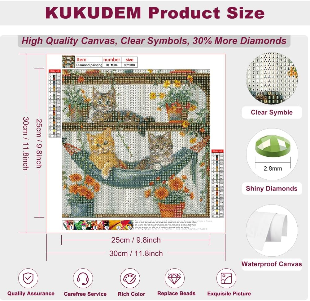 Detalle 2 de KUKUDEM Cat Diamond Painting Kit, 12x12-Inch Canvas with Round 5D Gems