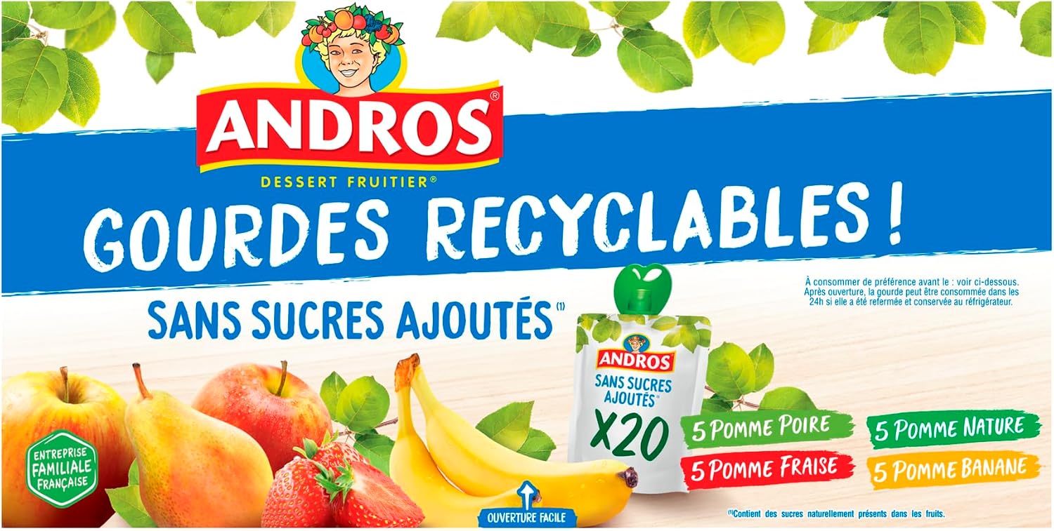 Thumbnail 1 de ANDROS Compote de fruits sans sucres ajoutés en gourde recyclable (lot de 20) – Pomme + Poire + Fraise + Banane