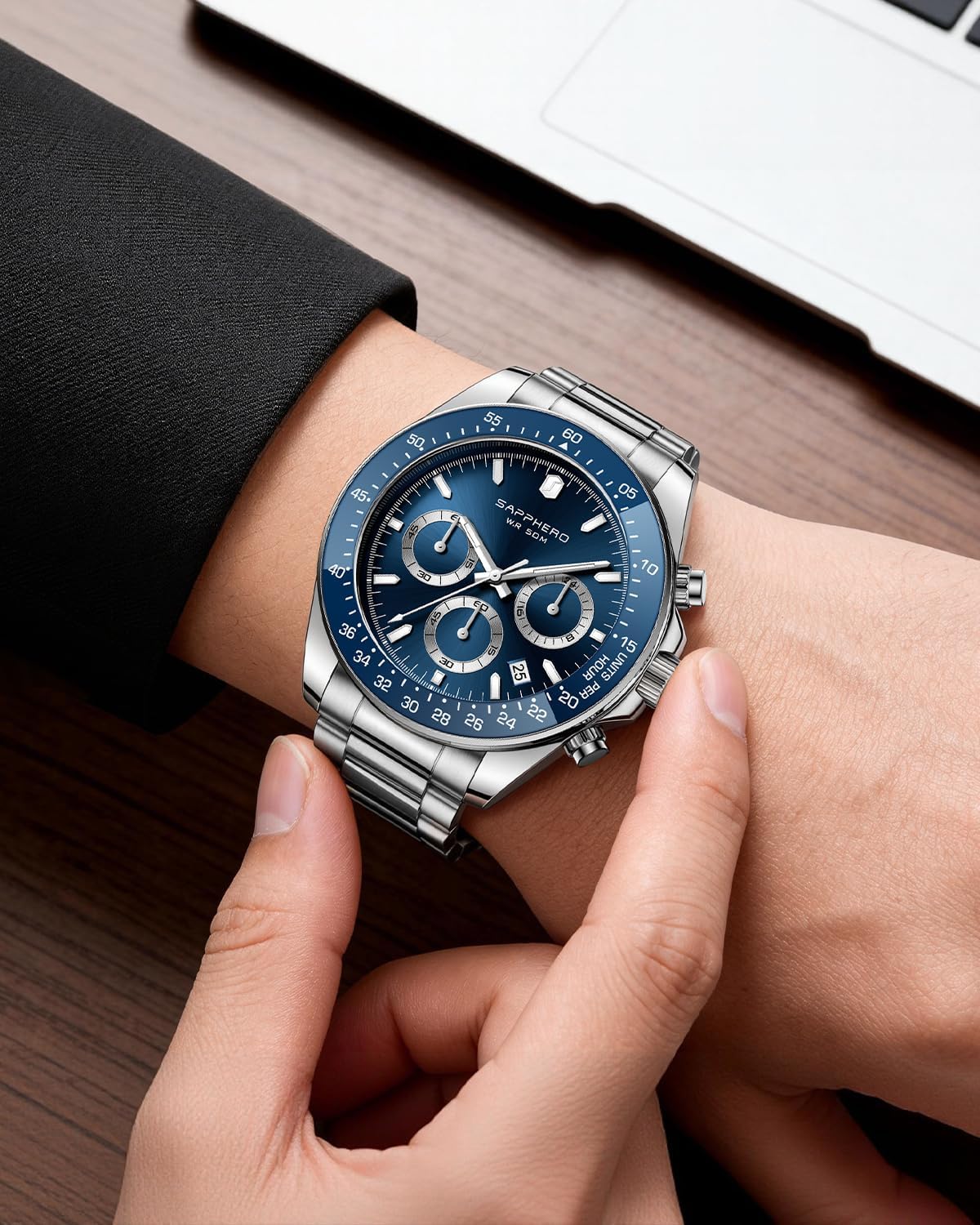 Detalle de SAPPHERO Montre Homme chronographe en acier inoxydable étanche 50M — cadran mat analogique quartz