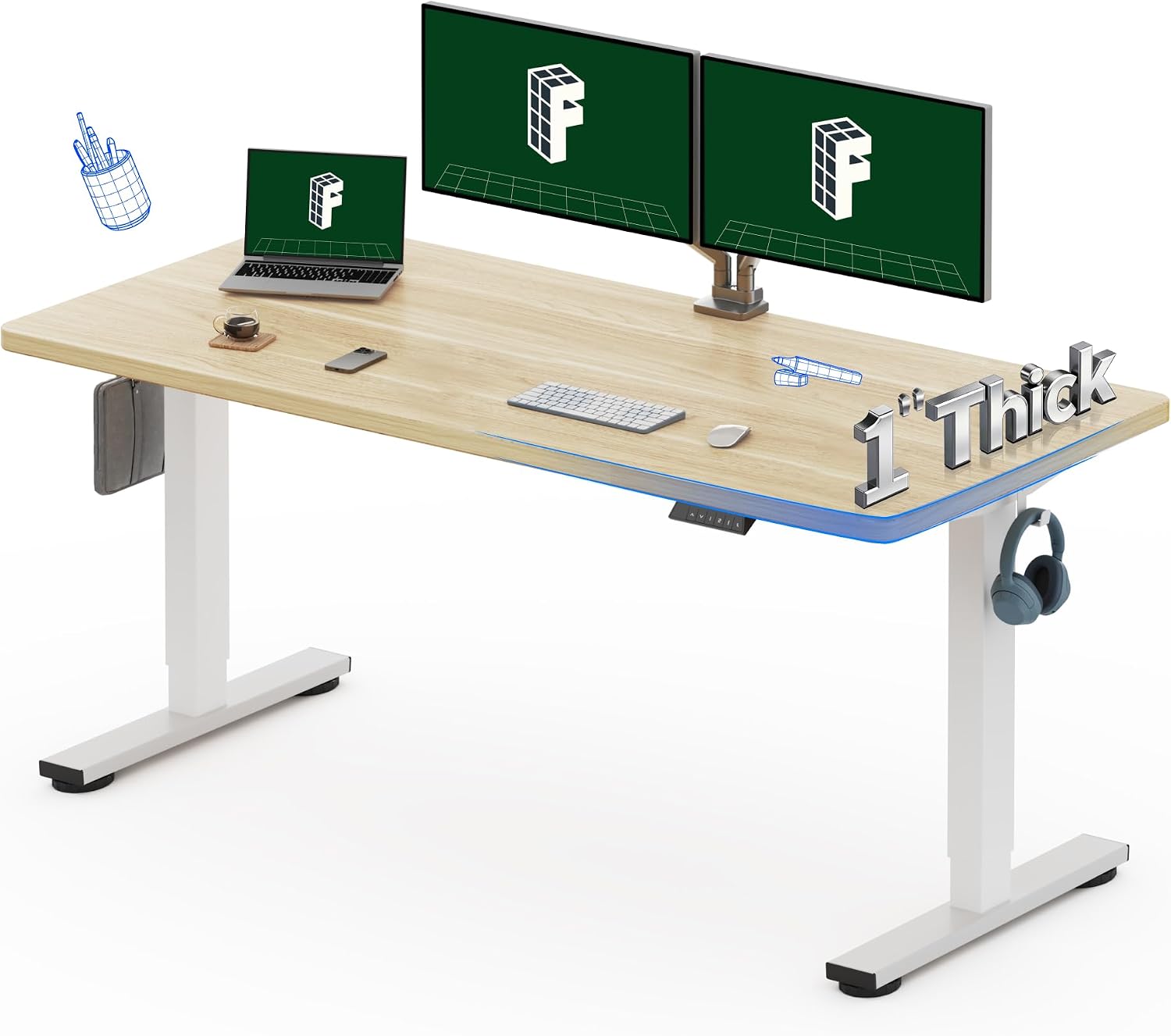 Detalle de FLEXISPOT 60" x 24" Electric Standing Desk, White Wood Grain, One-Piece Top
