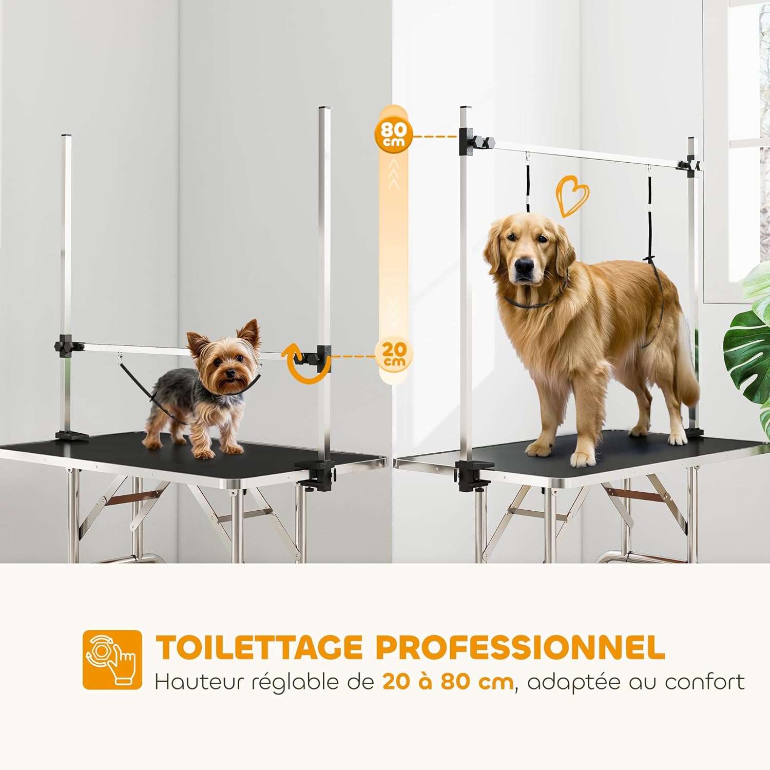 Detalle de PawHut table de toilettage pliante 107 x 60 cm avec potence H inox réglable et surface antidérapante