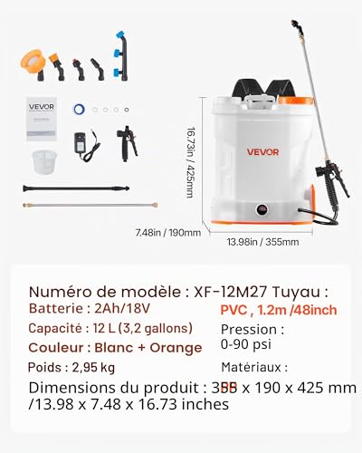 Thumbnail 6 de VEVOR Pulvérisateur à Dos Électrique 12 L – Batterie 18 V, 2 Ah, 0–6,2 bar, 2 Lances et 5 buses
