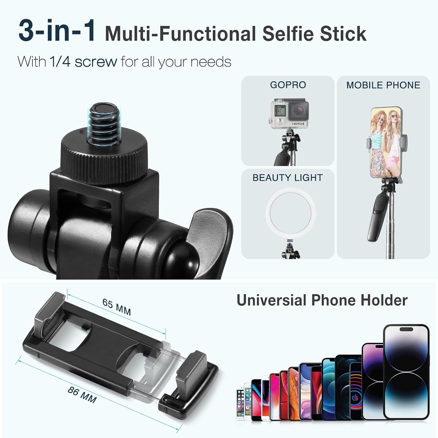 Detalle de Vinabo Perche à Selfie Bluetooth 3 en 1 – Trépied Smartphone extensible jusqu’à 160 cm avec télécommande et rotation 360°